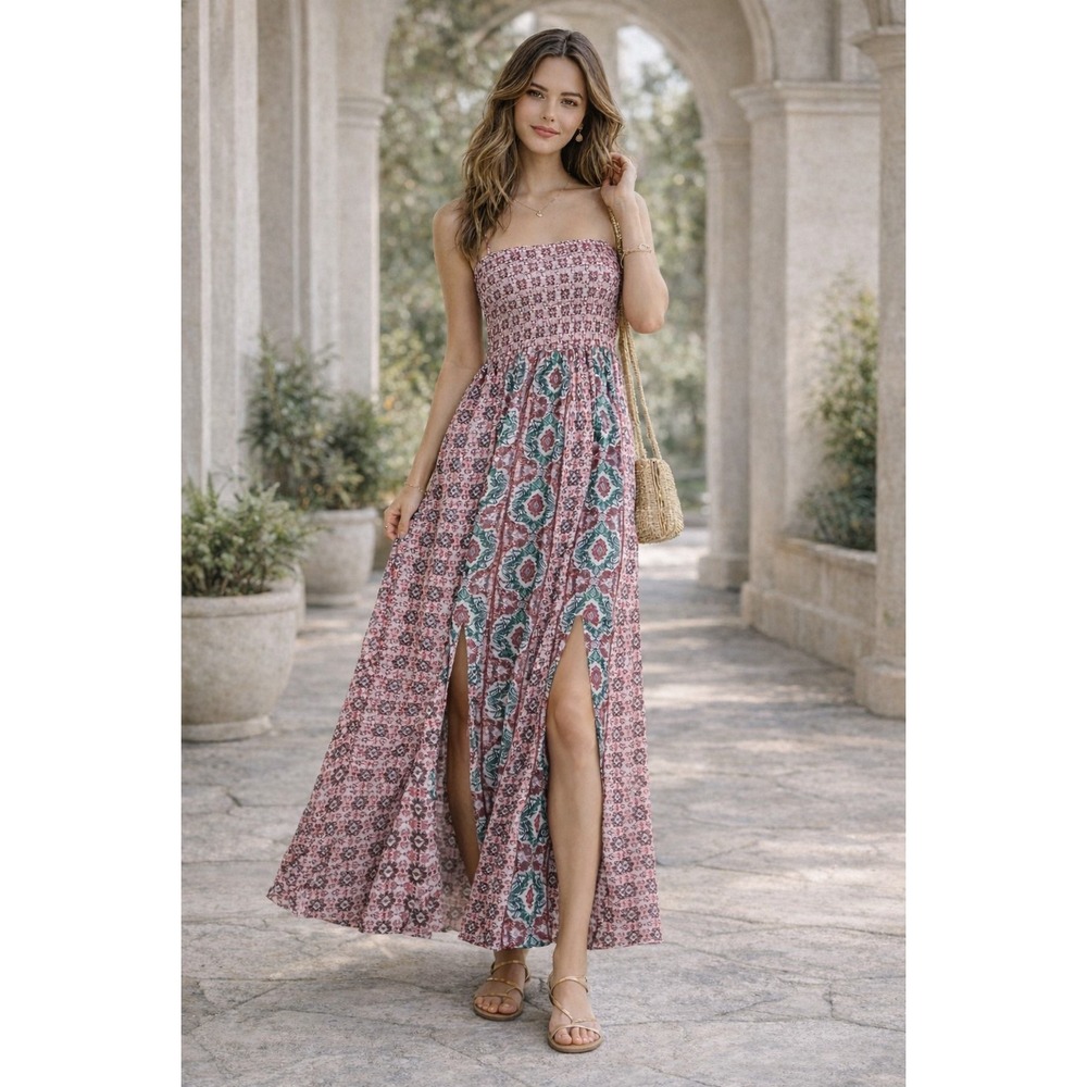 Xhilaration Pink Boho Maxi Dress XS Smocked Cottagecore NWT